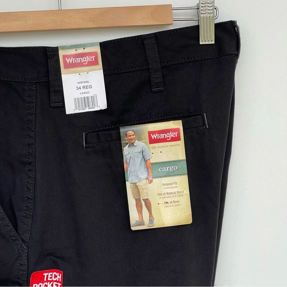 Wrangle Cargo Shorts 10” Tech Pocket Men 34 Relaxed Fit  Reg Black 100% …